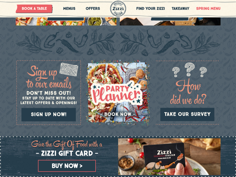 EXAMPLE: ZIZZI – USES HAND-LETTERING STYLE FONTS TO DRAW ATTENTION TO THE CALLS-TO-ACTION AND NAVIGATION