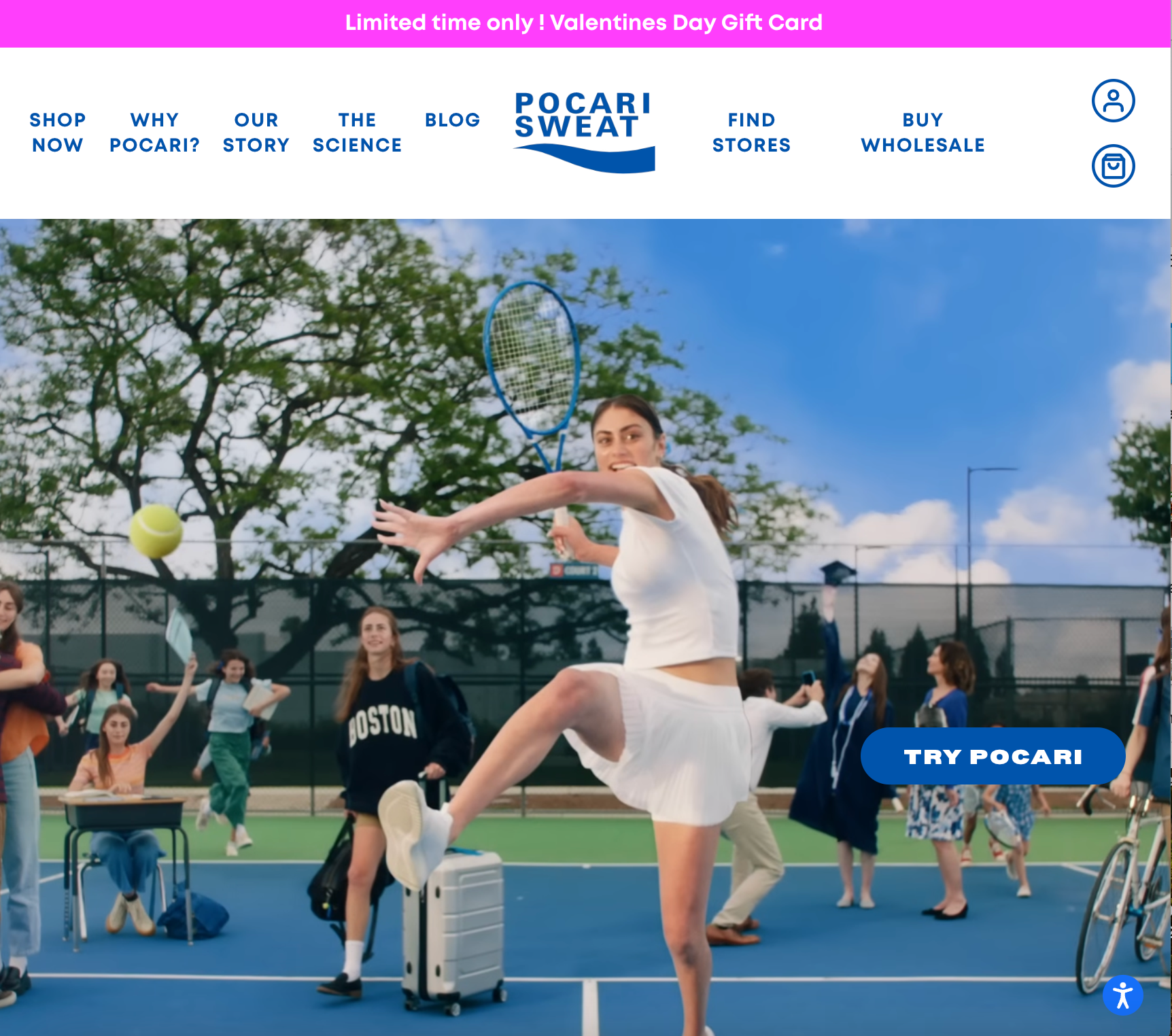 A tennis player serves a ball on a court; students and graduates celebrate in the background. Limited time only! Valentines Day Gift Card. SHOP NOW, WHY POCARI?, OUR STORY, THE SCIENCE, BLOG, FIND STORES, BUY WHOLESALE, TRY POCARI.