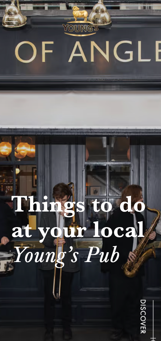 A jazz band, playing trombone and saxophone, performs outside Young's pub. The pub’s sign reads, “OF ANGLE.” Text overlay: “Things to do at your local Young’s Pub.”