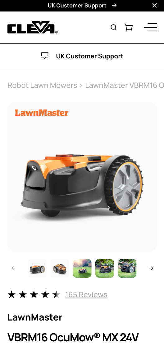 A robotic lawnmower, displayed prominently, is shown on a webpage. It is orange and grey, and the text reads: “LawnMaster VBRM16 OcuMow® MX 24V,” with 165 reviews.